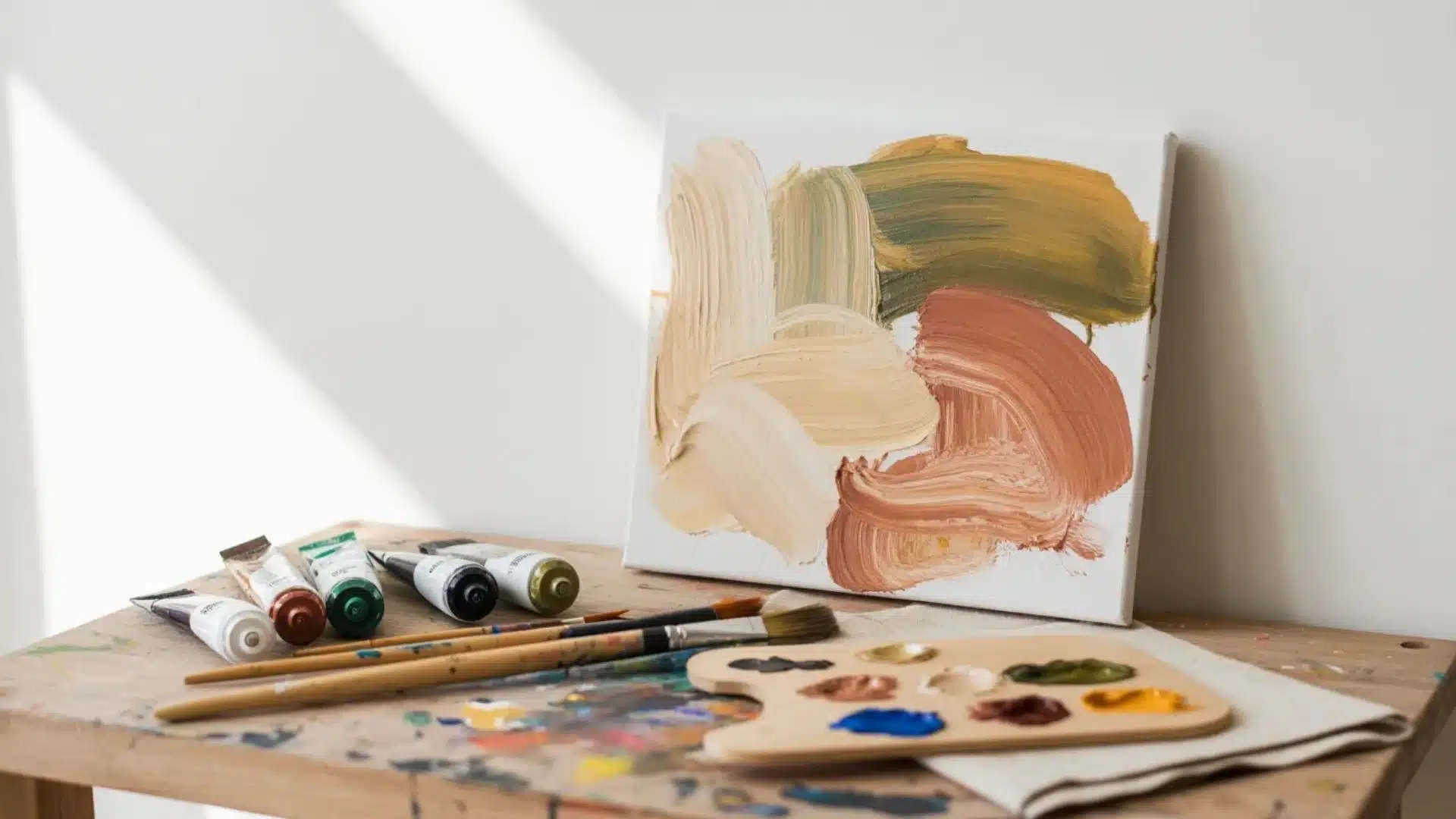 A canvas with earthy tones painted in broad strokes, alongside paint tubes and brushes on a wooden table.