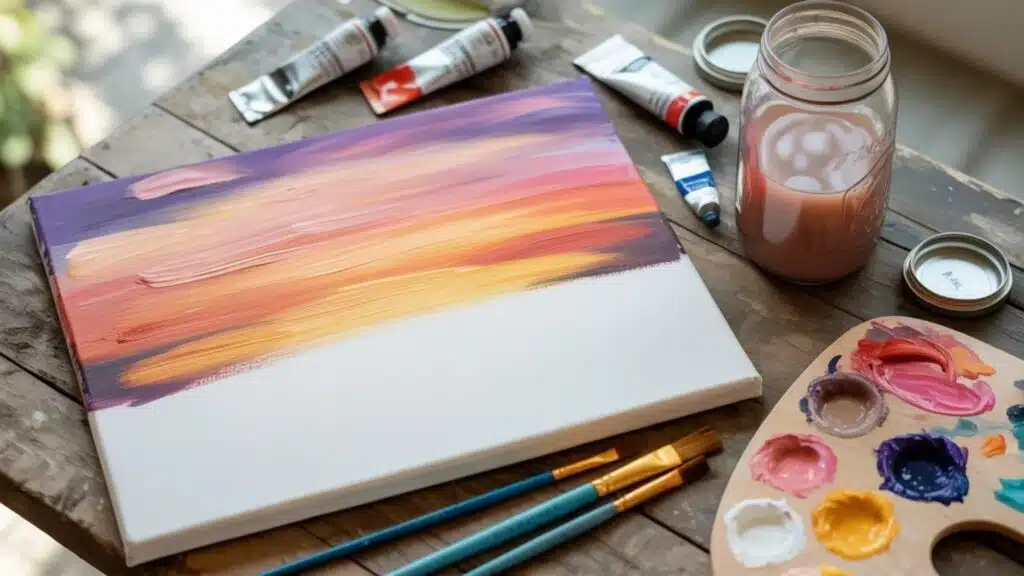 A collection of paint tubes and a canvas being painted with a purple, orange, and yellow gradient