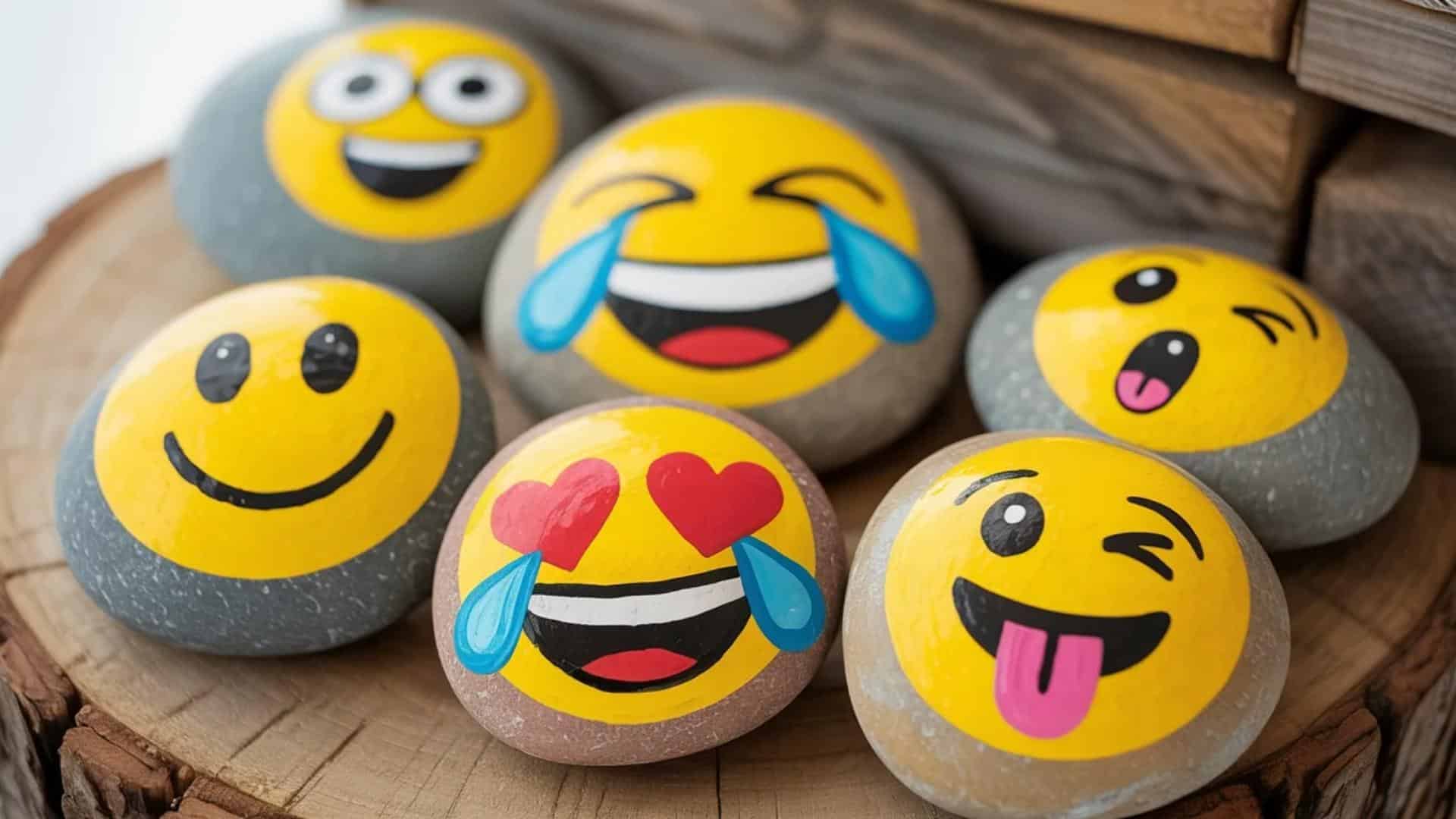 Fun emoji painted rocks with smiling, laughing, winking, and heart-eyes expressions