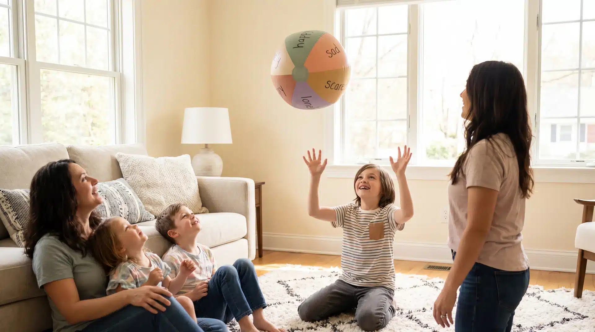 Family playing with a beach ball labeled with emotions during a family therapy activity for sharing feelings.