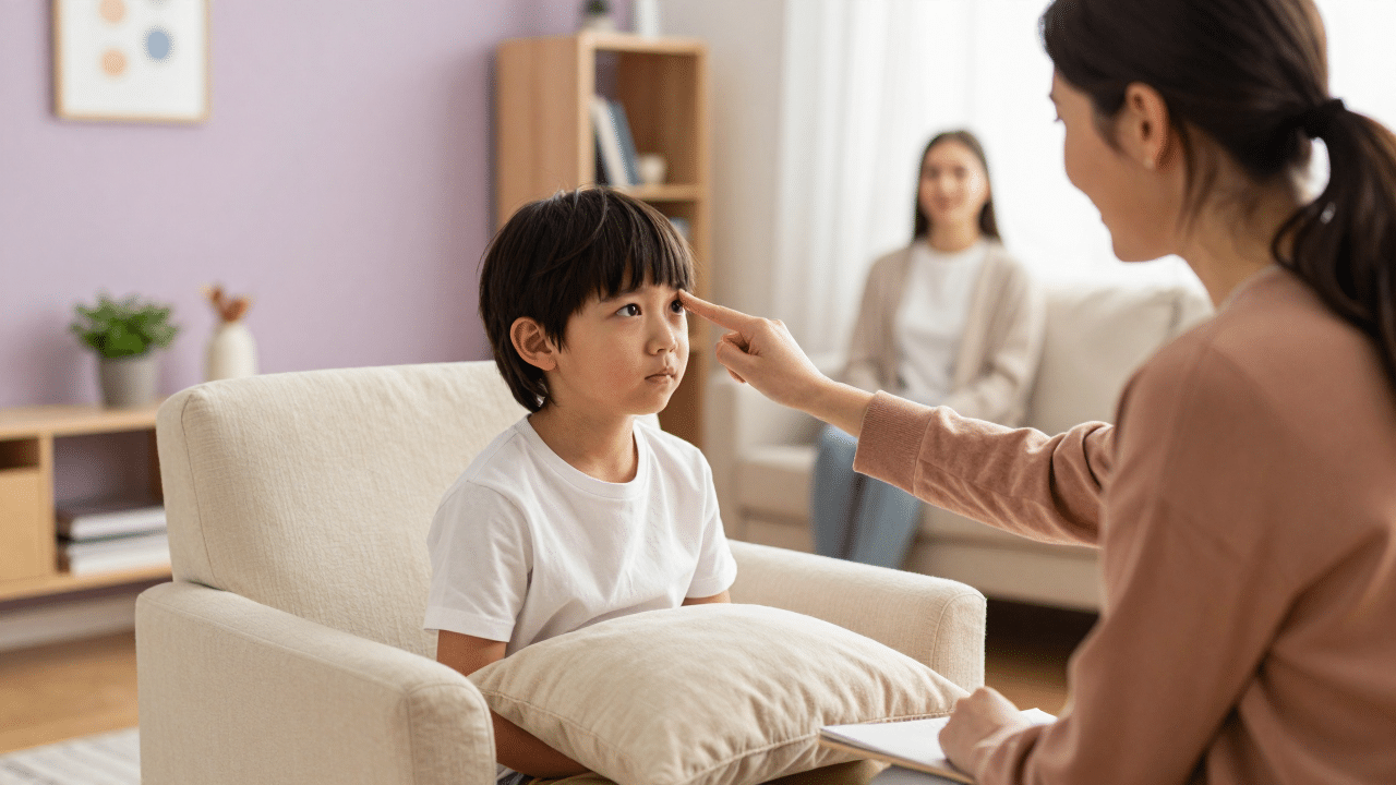 A child following the therapist’s finger with their eyes during an EMDR therapy session for trauma in a calm, sunlit room.