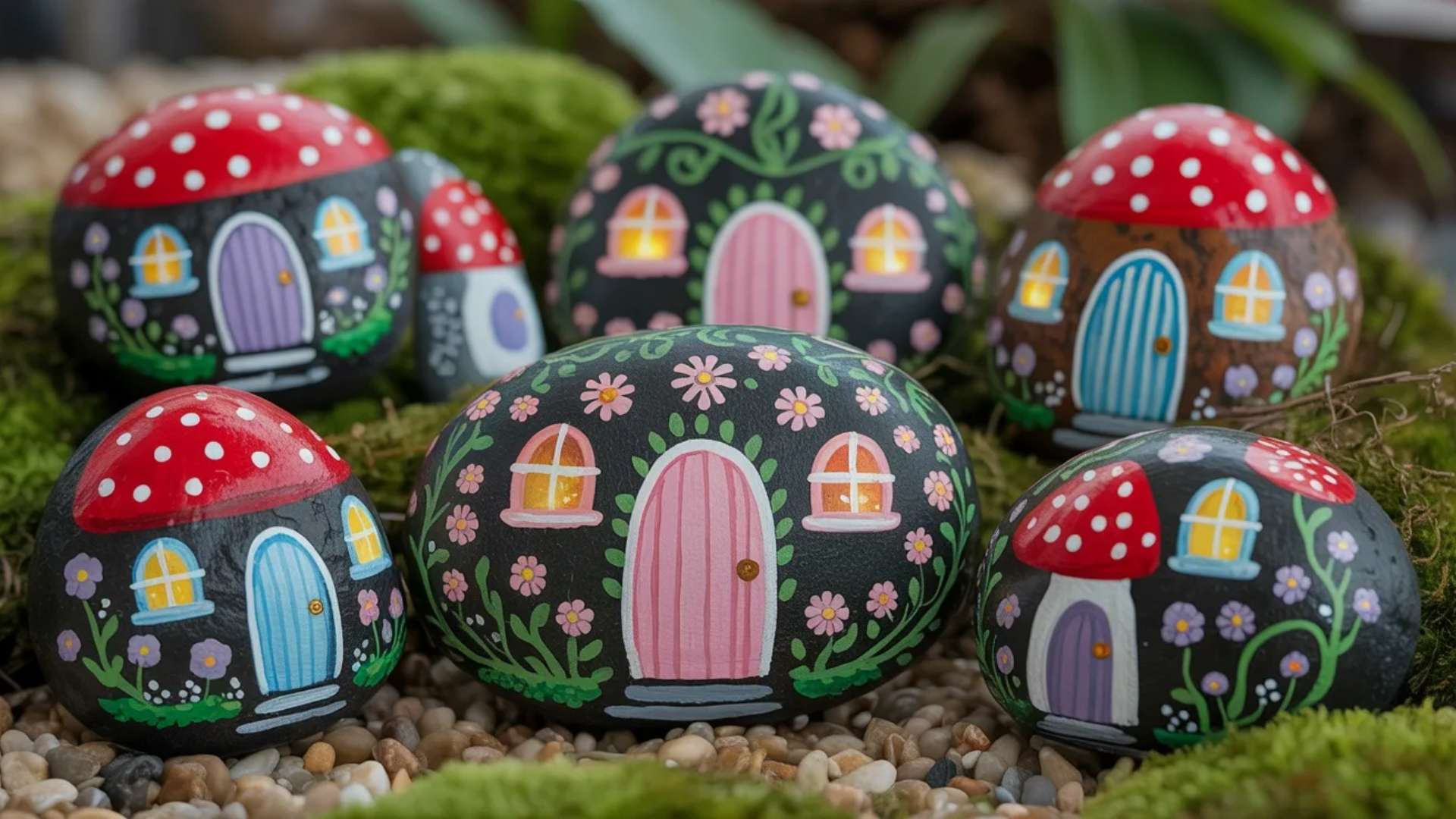 Fairy garden painted rocks with mushroom houses and tiny magical doors