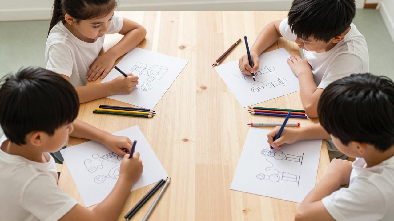 Family of four drawing personal pictures of their family at a wooden table during a family therapy art activity.