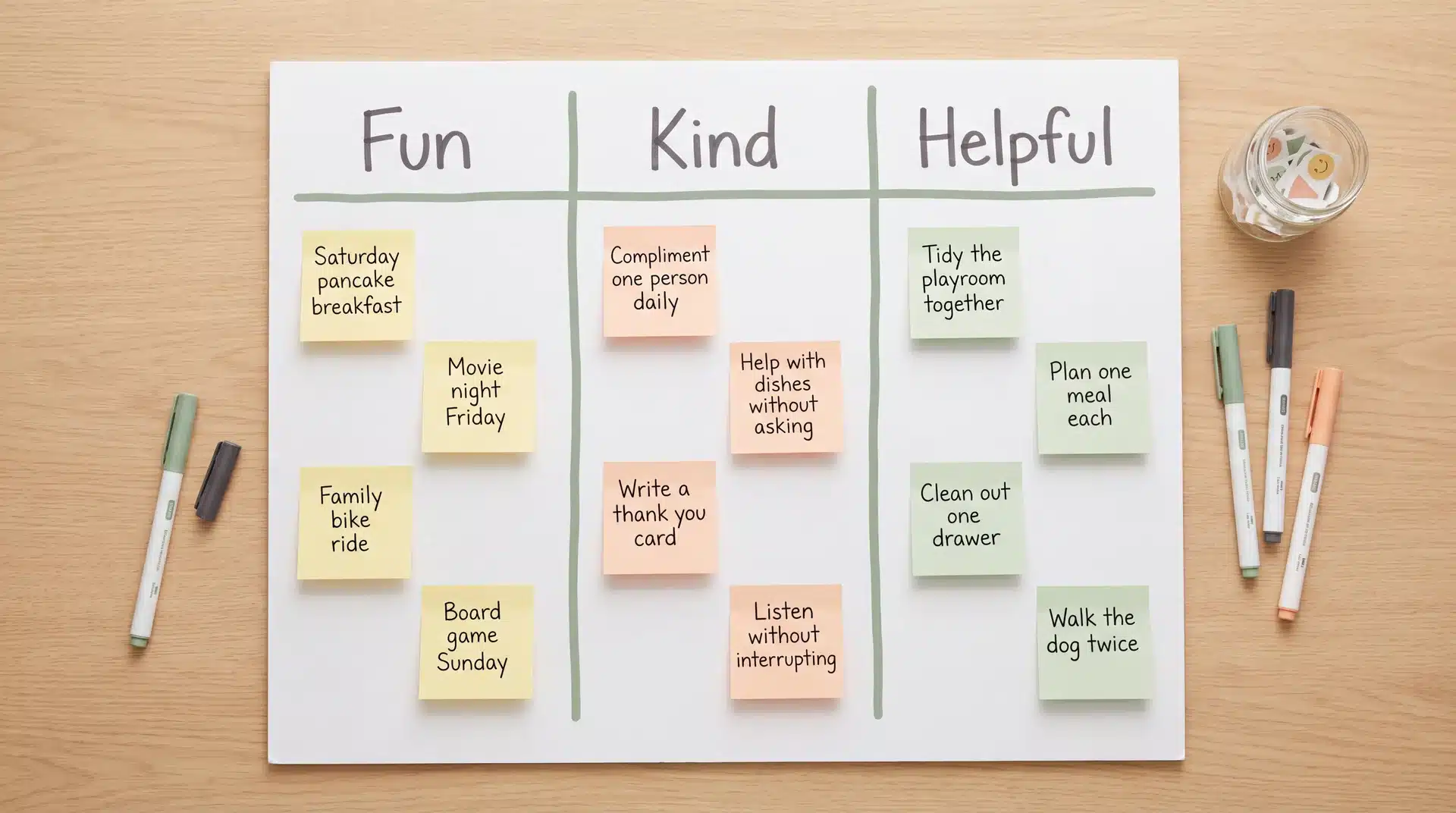 Family goal board with three columns labeled fun, kind, and helpful, filled with sticky notes for shared family goals.