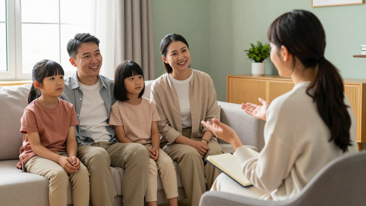 Family of four sitting together on a sofa across from a therapist during a family therapy session in a sunlit room.