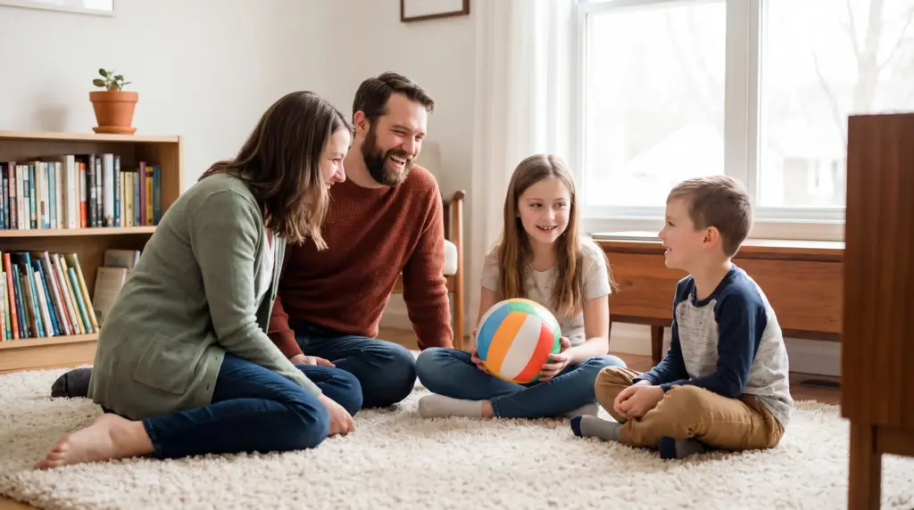 Parents and two children sitting together on a soft rug practicing a simple family therapy activity at home in evening.