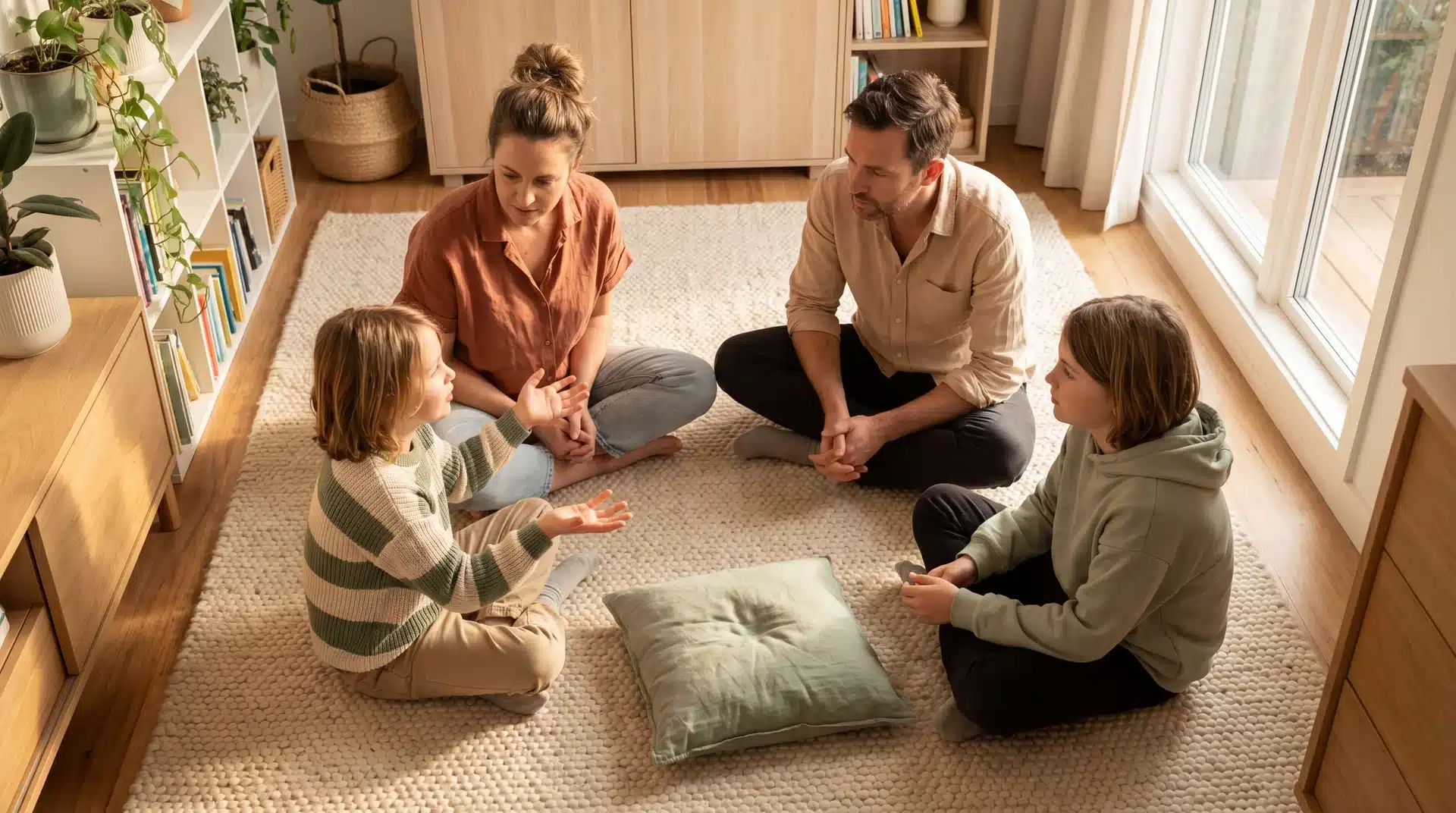 Family of four sitting in a circle on a rug, taking turns sharing feelings during a family therapy listening exercise.
