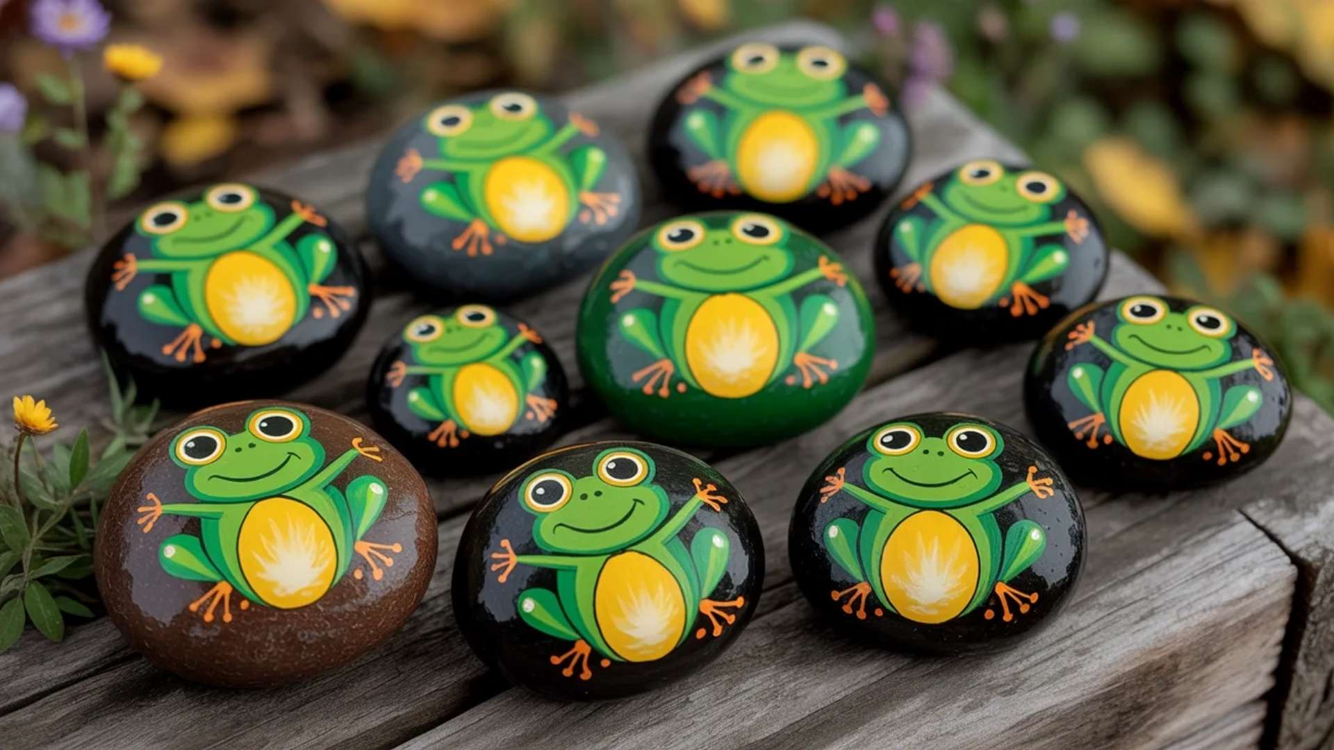 Frog painted rocks with cute cartoon faces and bright green details
