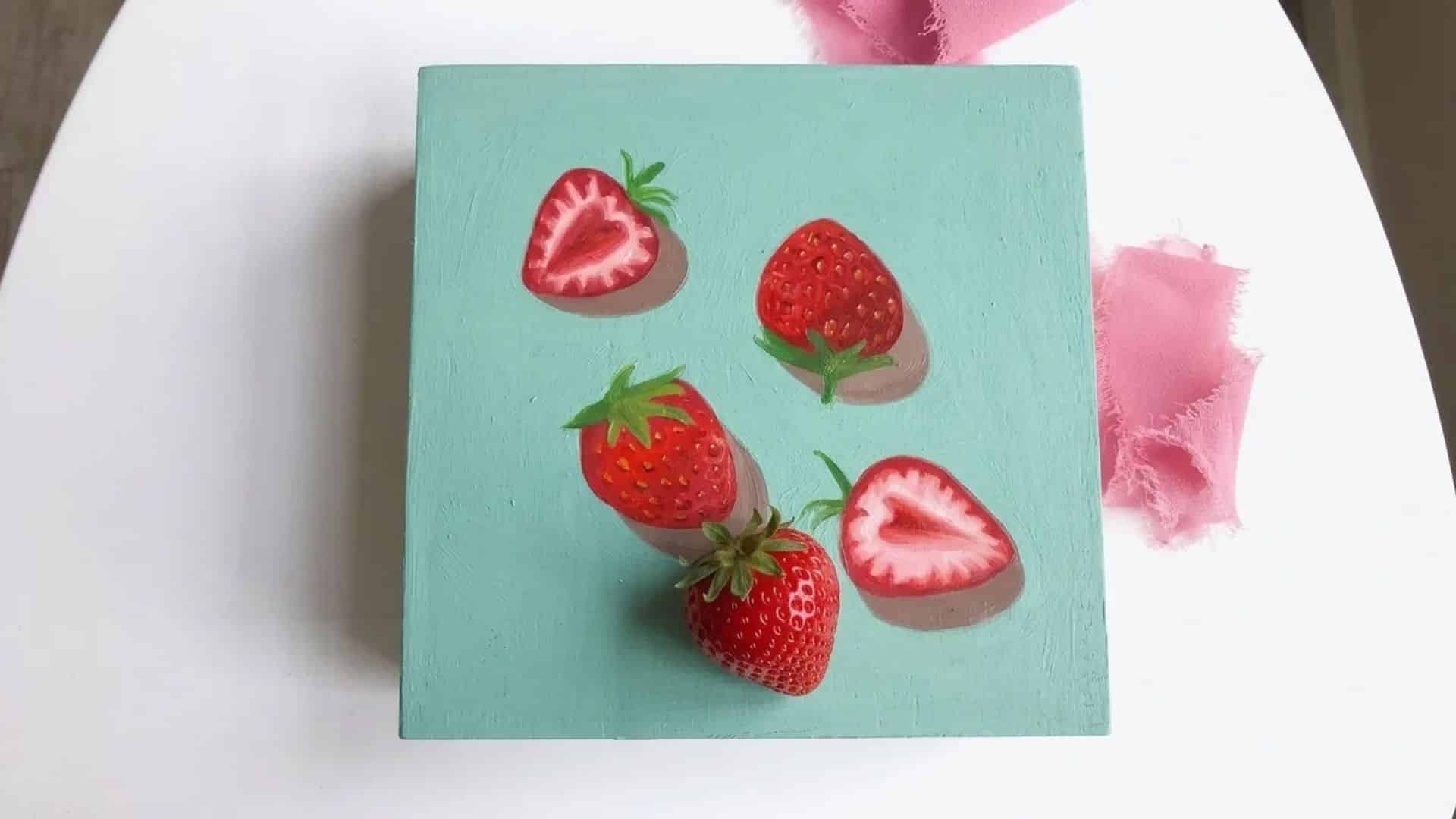 A still life of strawberries with realistic detailing on a light green background