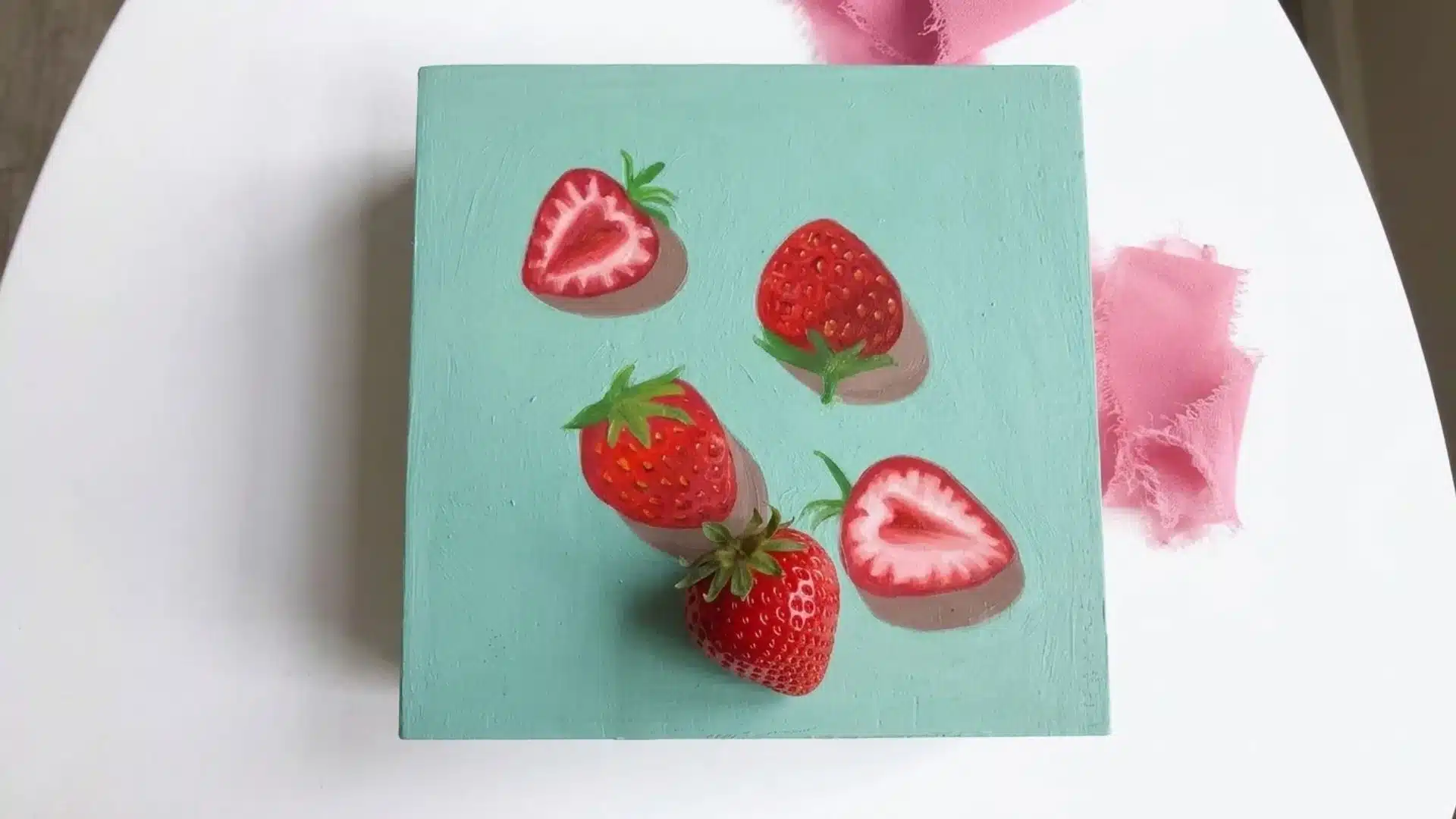 A still life of strawberries with realistic detailing on a light green background