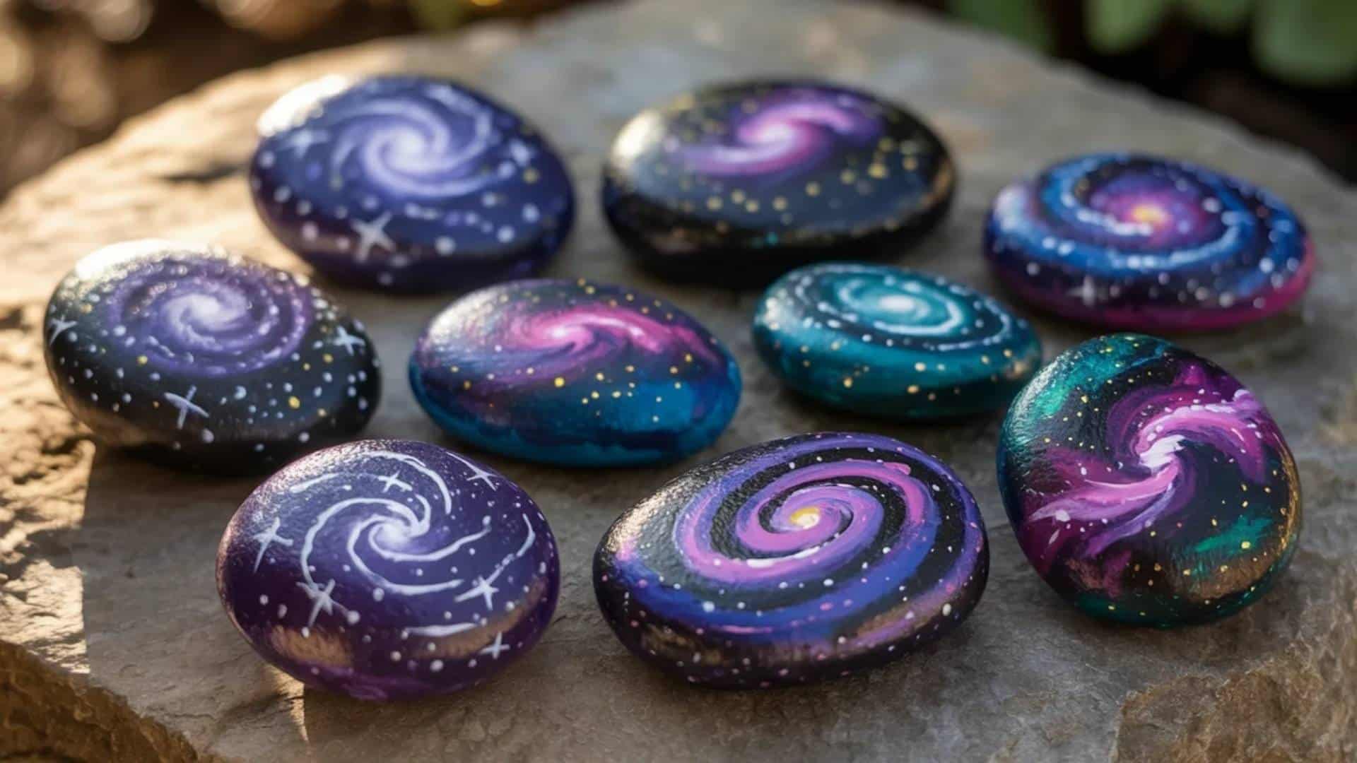  Galaxy-painted rocks featuring swirling cosmic patterns, stars, and nebula-inspired colors