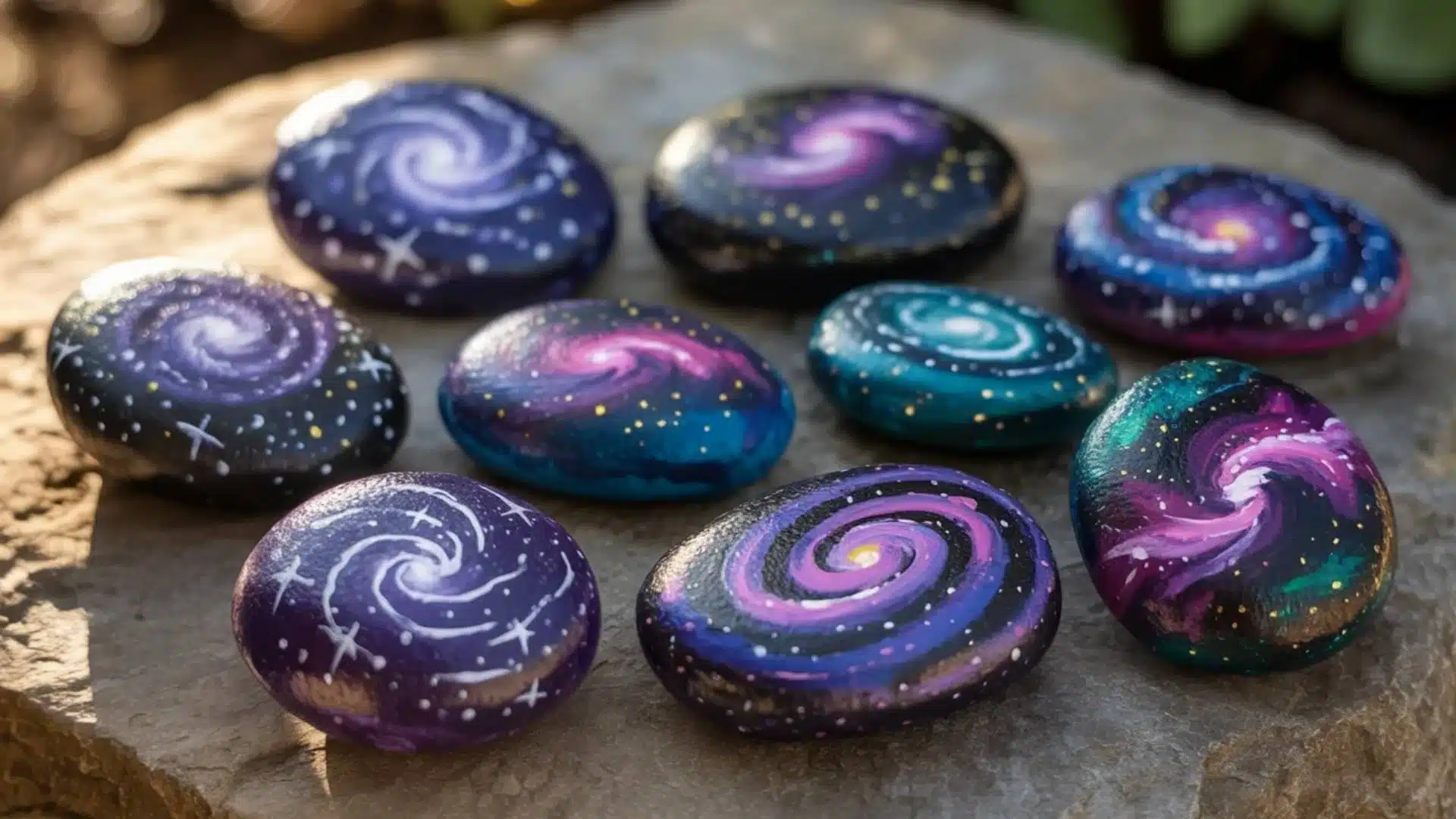 Galaxy-painted rocks featuring swirling cosmic patterns, stars, and nebula-inspired colors