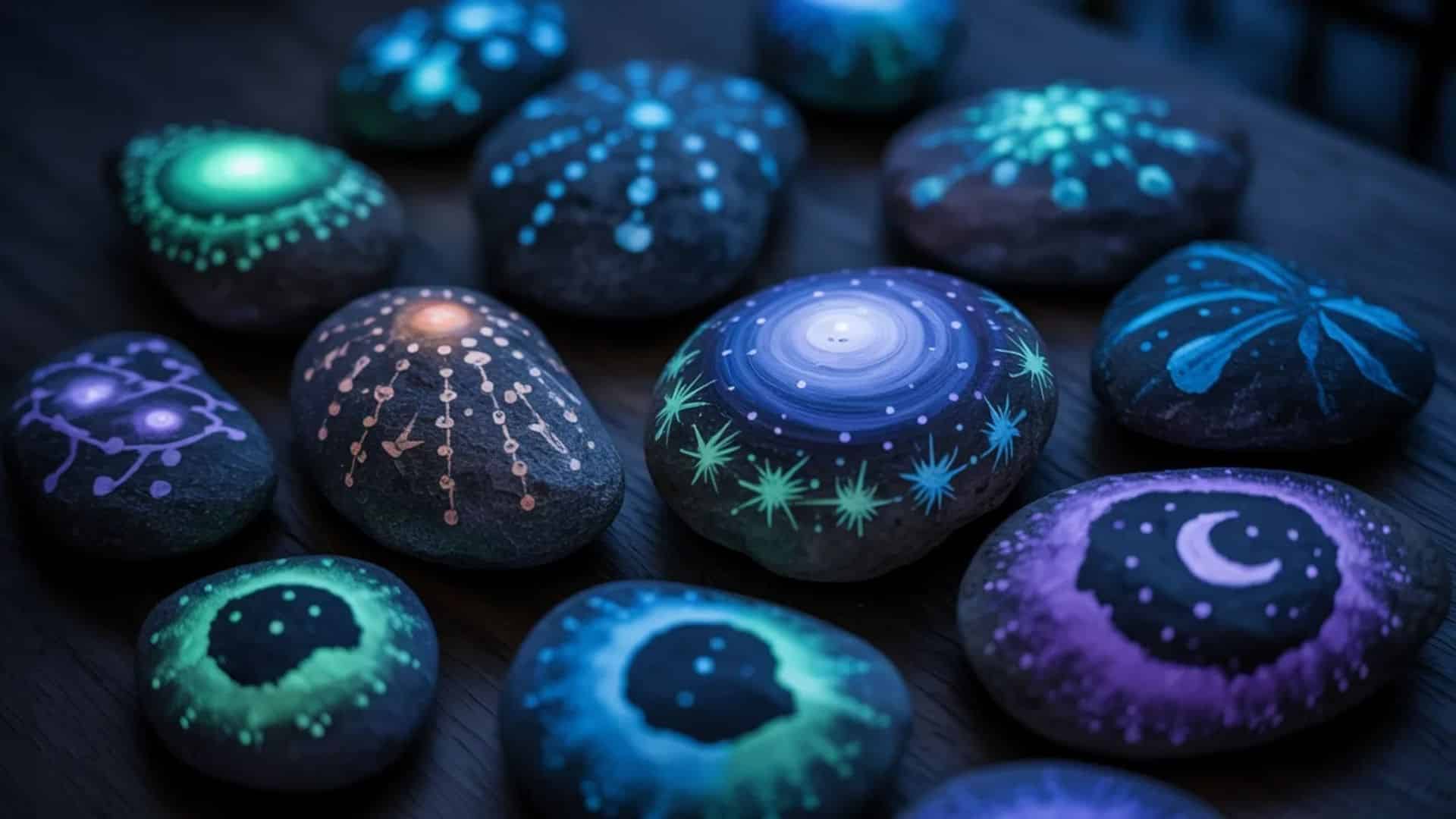 Glow-in-the-dark painted rocks with galaxy, moon, and constellation designs