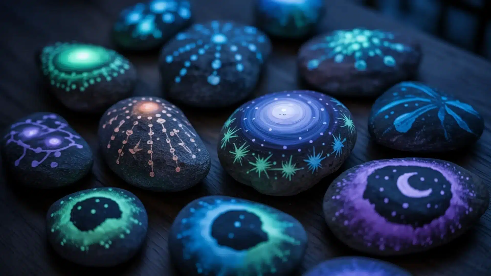 Glow-in-the-dark painted rocks with galaxy, moon, and constellation designs