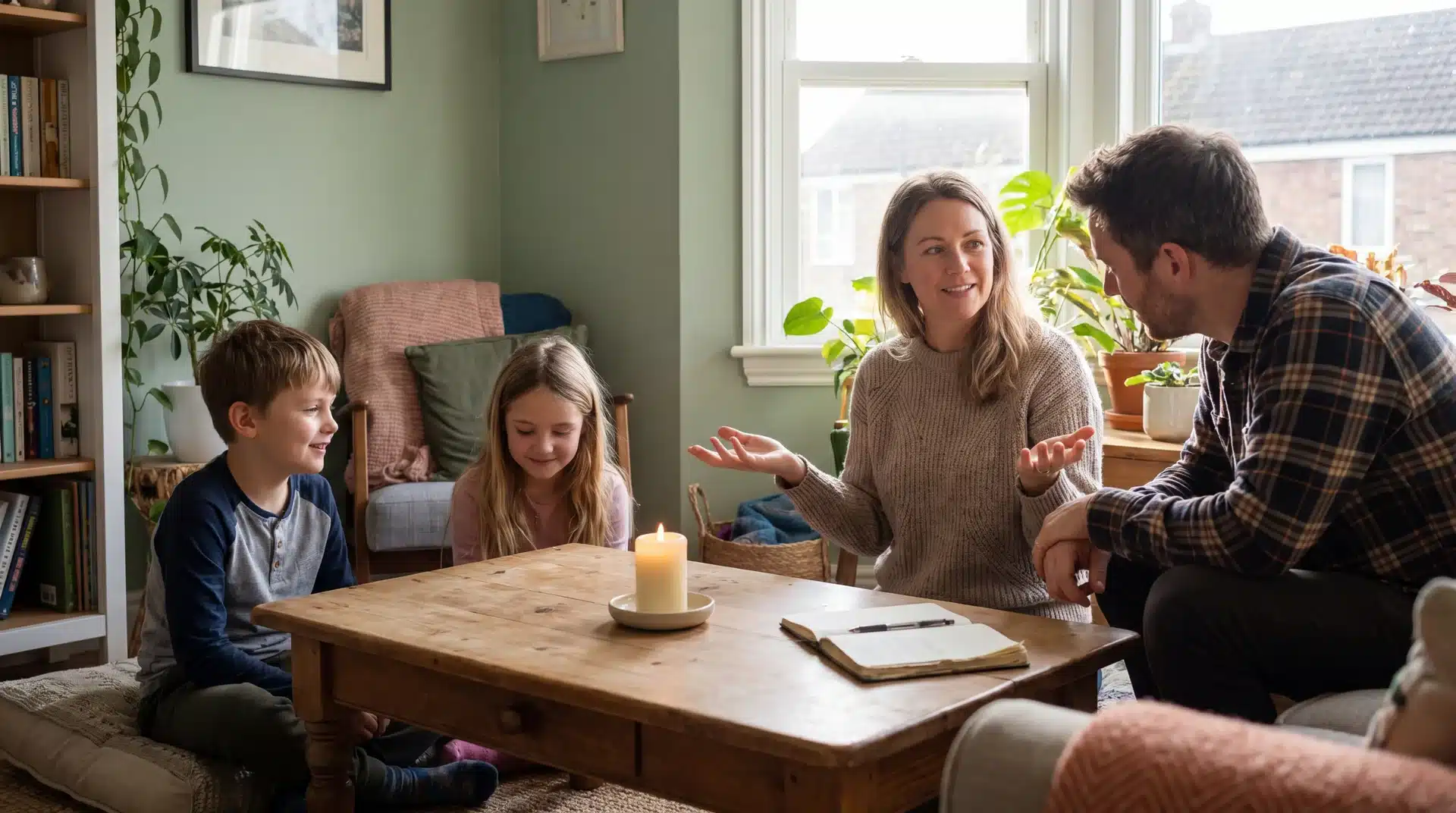 Family seated around a wooden table sharing specific appreciations during a gratitude circle activity.