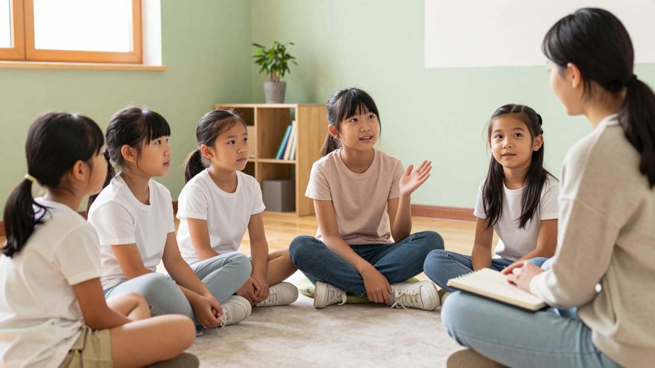 A small group of children and a therapist are sitting in a circle on cushions during a child group therapy session.