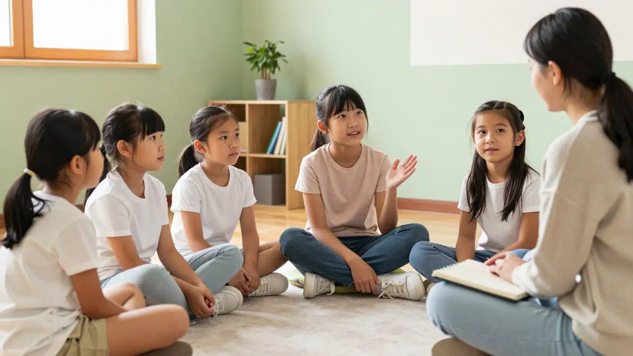 A small group of children and a therapist are sitting in a circle on cushions during a child group therapy session.