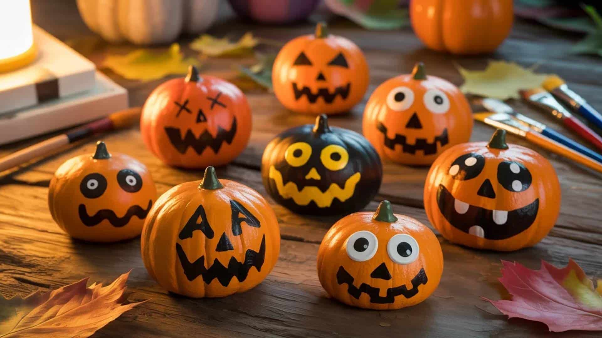 Cute Halloween pumpkin painted rocks with funny jack-o’-lantern faces