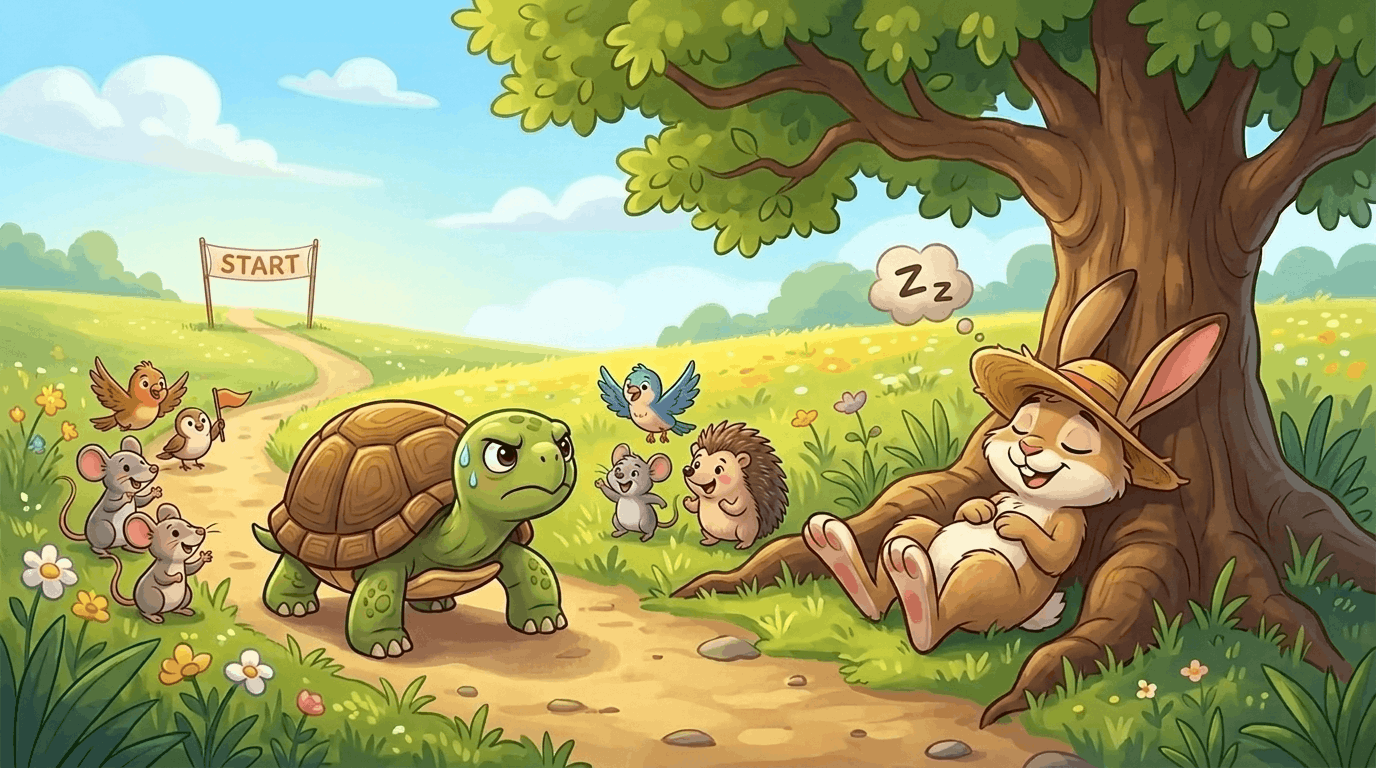 Tortoise winning the race while the hare sleeps on the path.