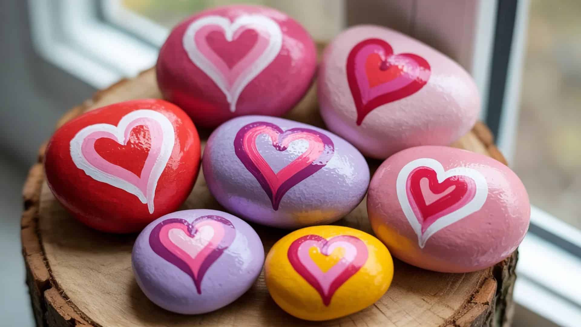 Heart-painted rocks with colorful layered heart designs on smooth stones