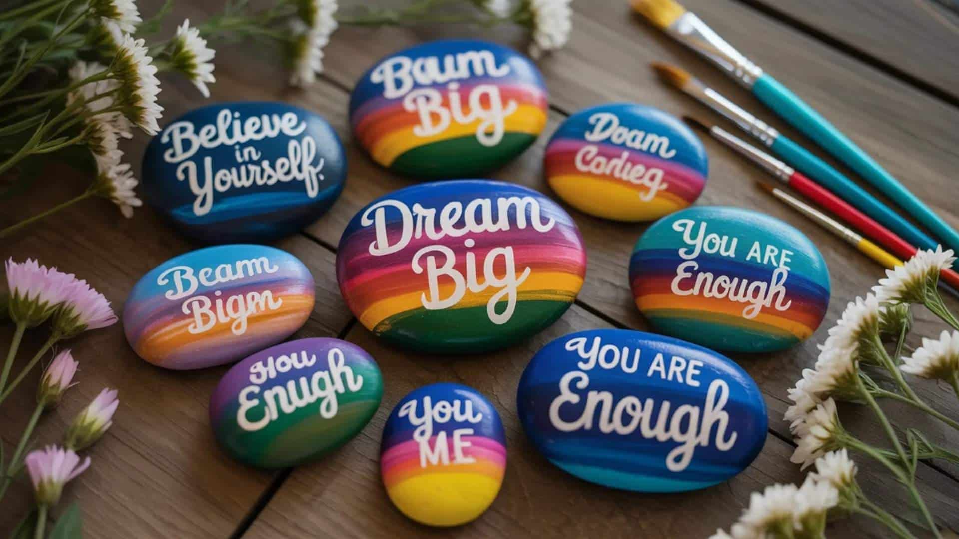 Inspirational quote painted rocks with colorful motivational messages