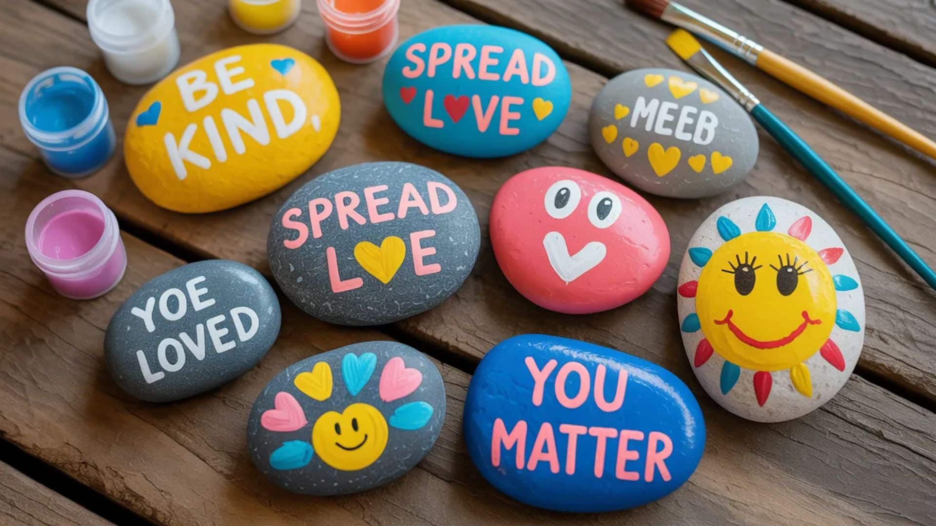 Kindness painted rocks with positive messages and cheerful, colorful designs