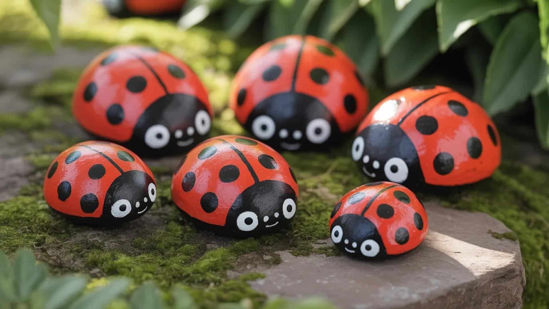 Ladybug-painted rocks with red shells, black spots, and cartoon-style eyes