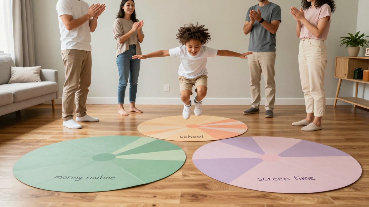 Child jumping between paper lily pads labeled with family issues during an active family therapy problem-solving game.