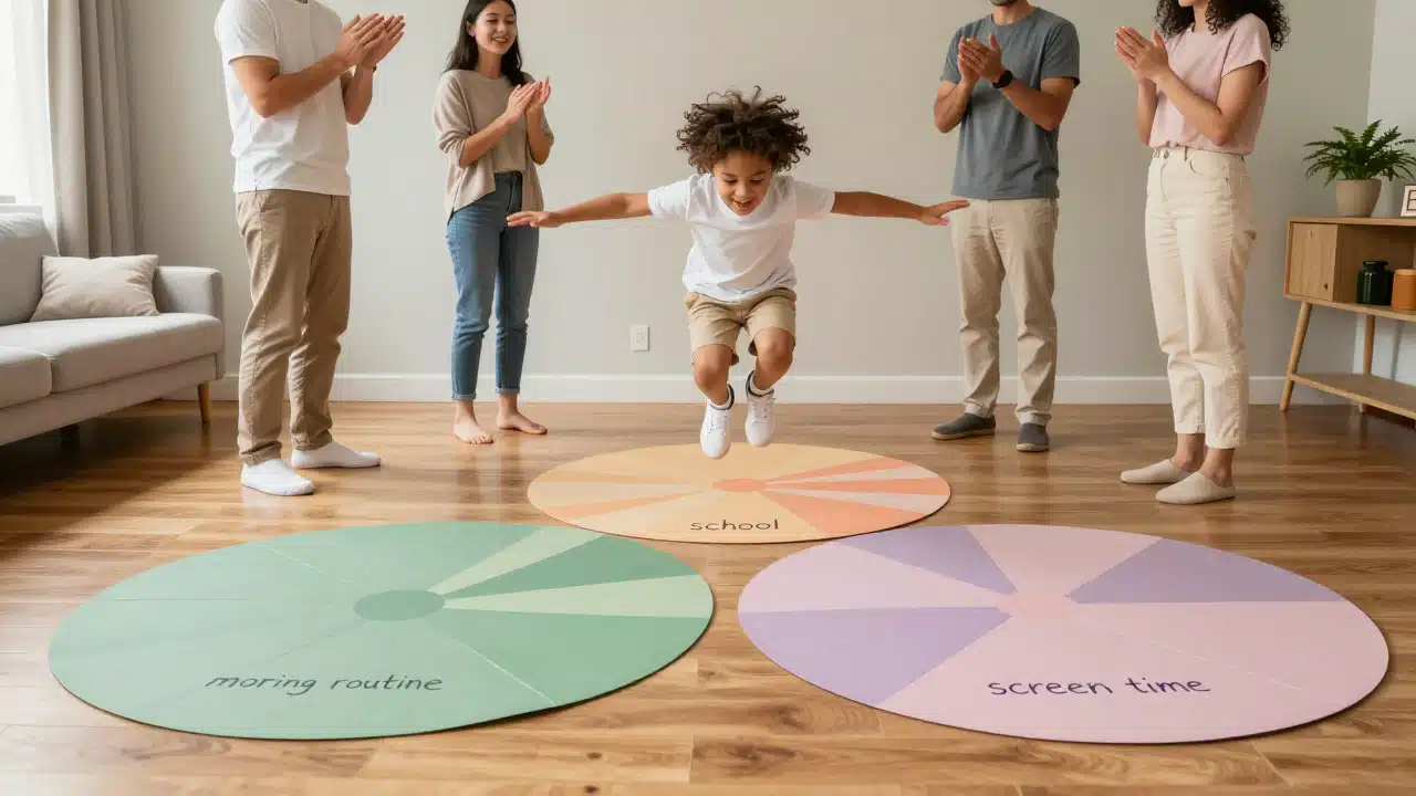 Child jumping between paper lily pads labeled with family issues during an active family therapy problem-solving game.