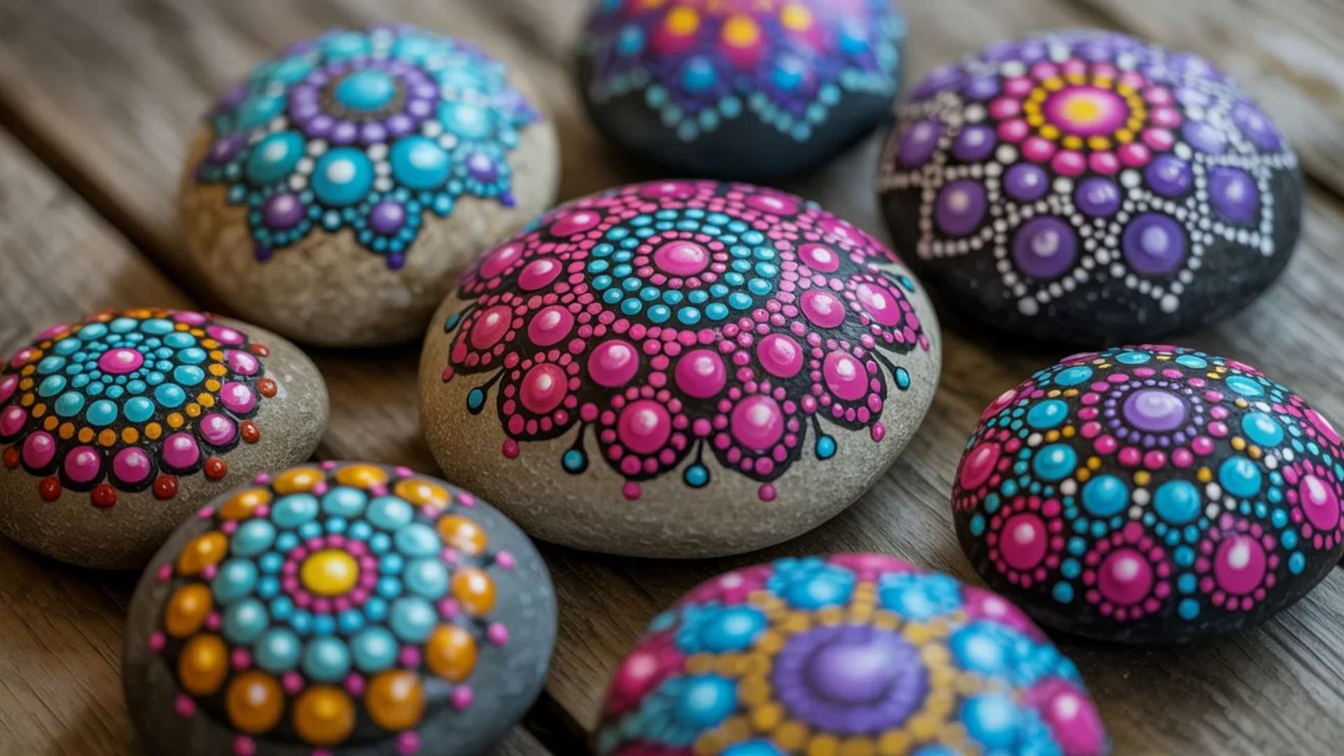 Mandala dot-painted rocks with colorful circular patterns in pink, blue, purple, and yellow