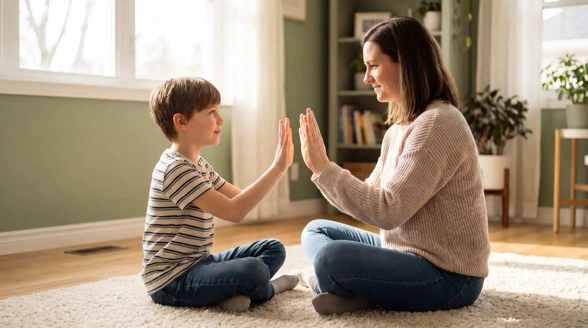 Parent and child mirroring each other’s hand movements during a silent family therapy trust-building activity.