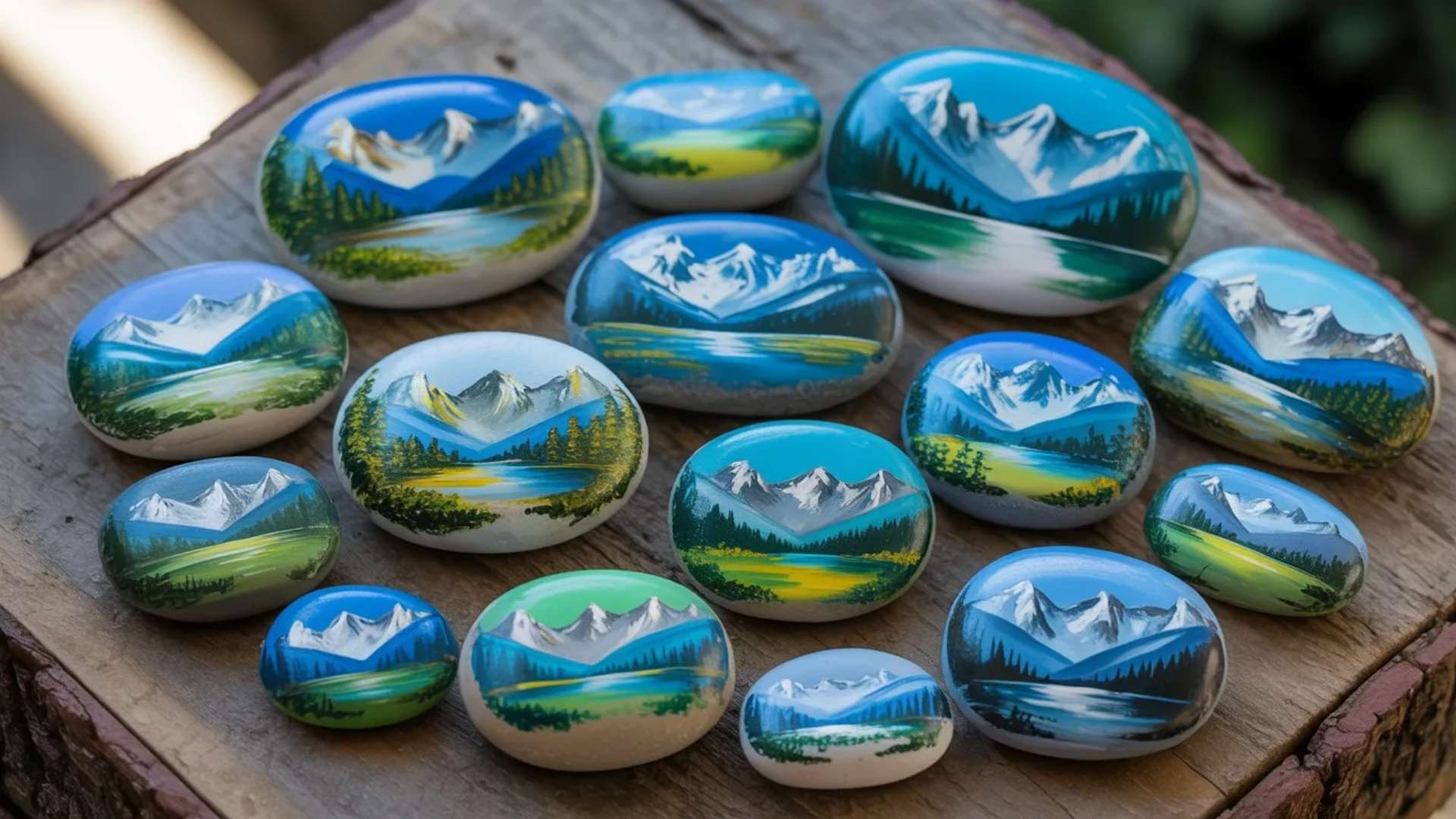 Hand-painted landscape rocks featuring snowy mountains, lakes, and forests