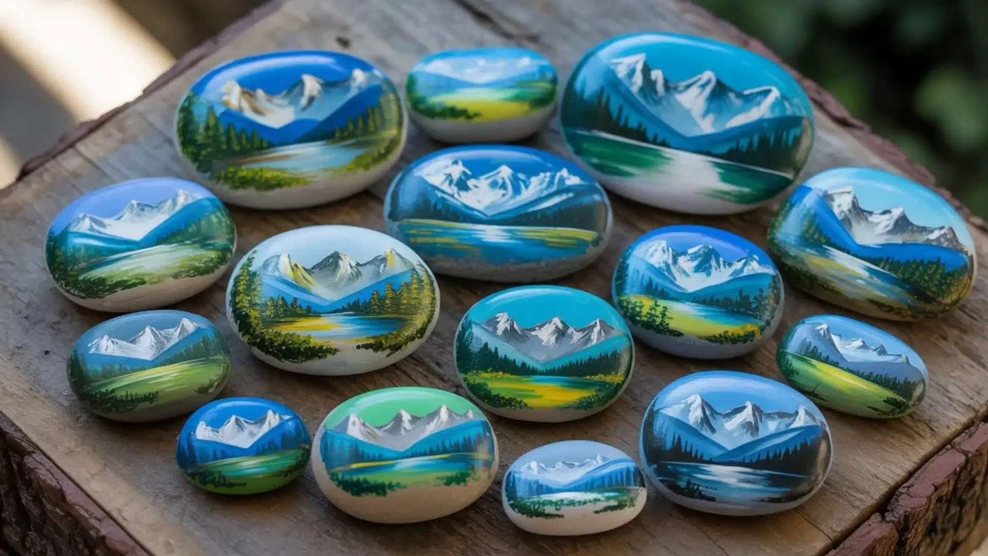 Hand-painted landscape rocks featuring snowy mountains, lakes, and forests