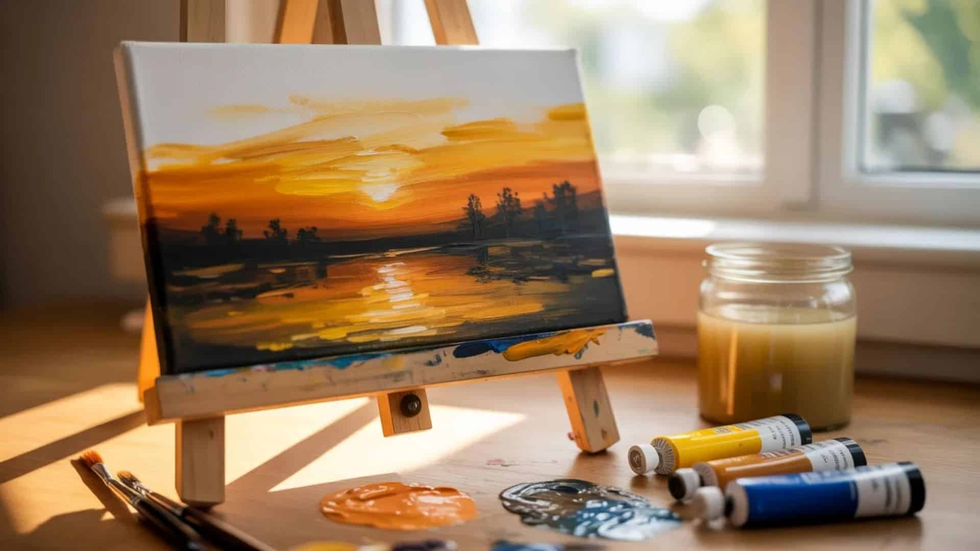 A sunset-inspired painting on a canvas, with various paint tubes and brushes placed around the artwork.