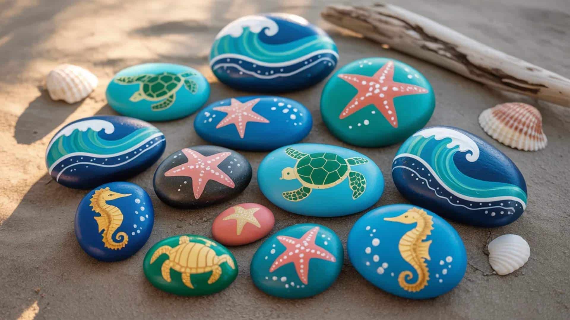 Ocean-themed painted rocks featuring waves, turtles, seahorses, and starfish