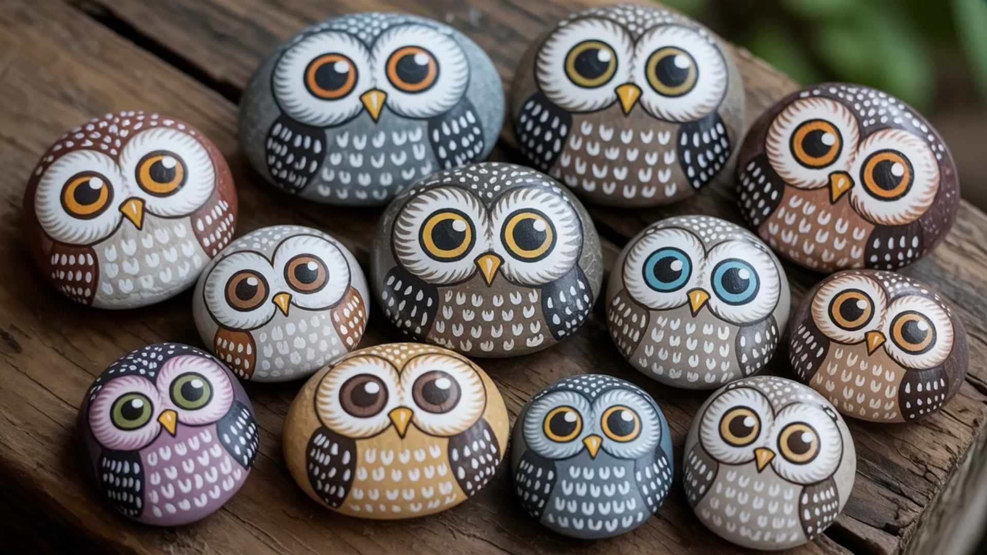 Adorable owl face painted rocks in soft gray, brown, and pastel shades with large cartoon-style eyes.