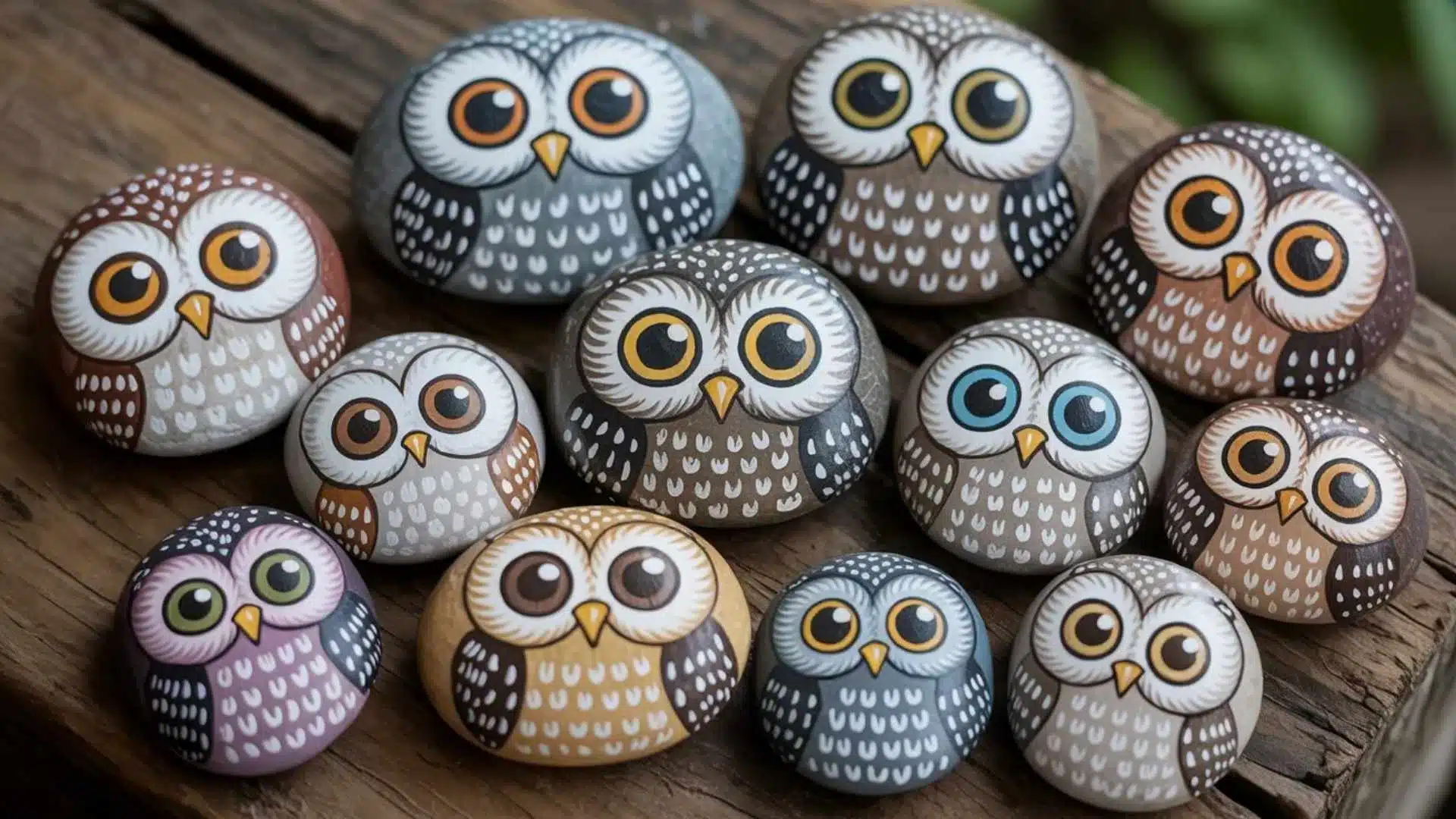 Adorable owl face painted rocks in soft gray, brown, and pastel shades with large cartoon-style eyes.
