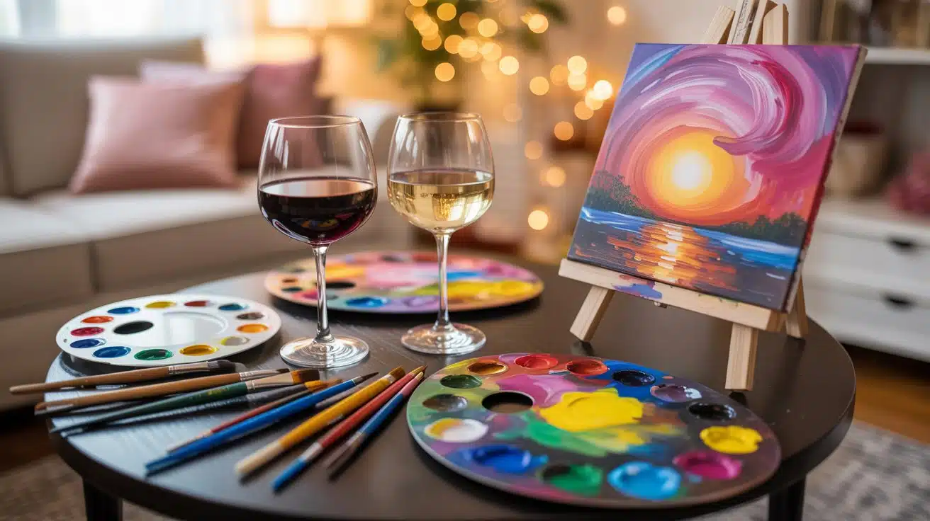 A vibrant paint-and-sip session with glasses of wine, colorful palettes, and a sunset painting on display