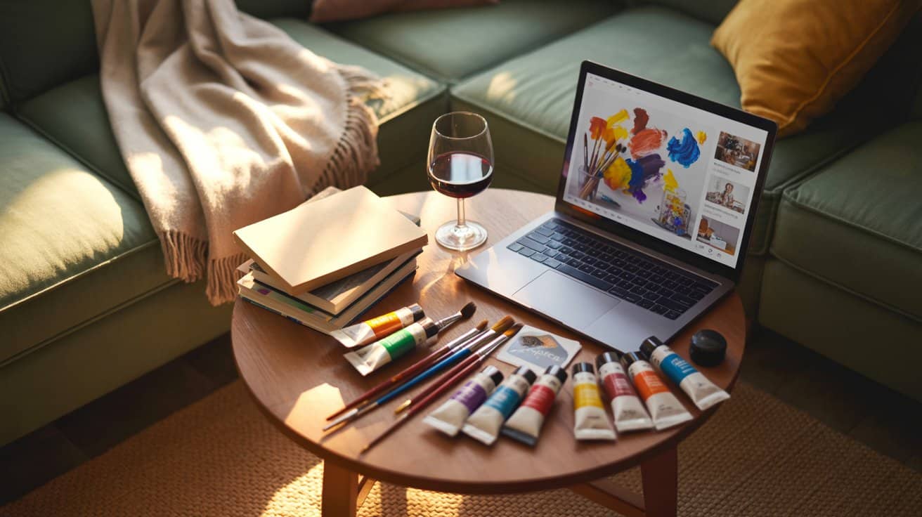 A relaxing space with a laptop, paint tubes, brushes, and a glass of wine.