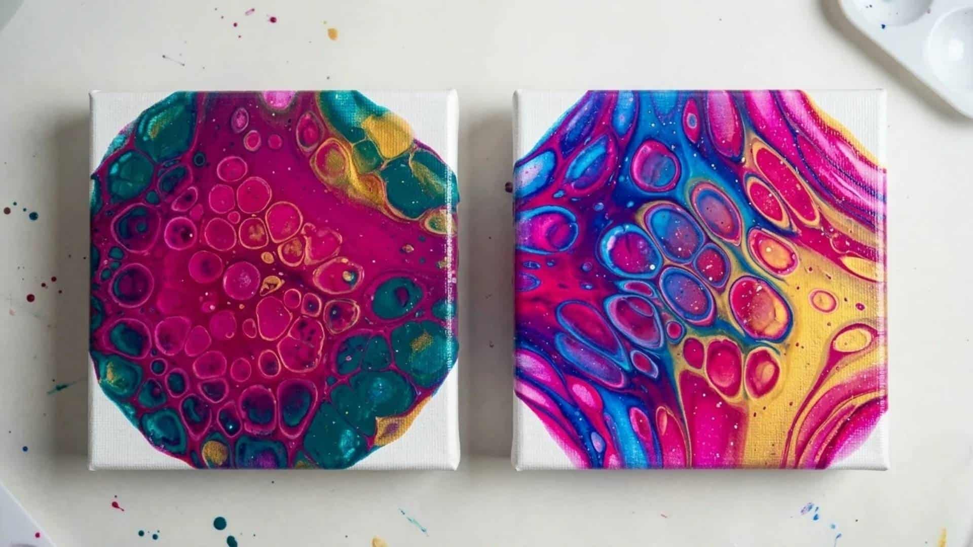 Close-up of a paint-pour petri dish showing colorful circular patterns and textures