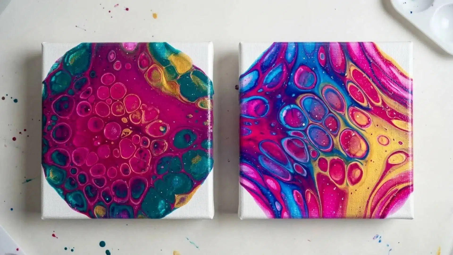 Close-up of a paint-pour petri dish showing colorful circular patterns and textures