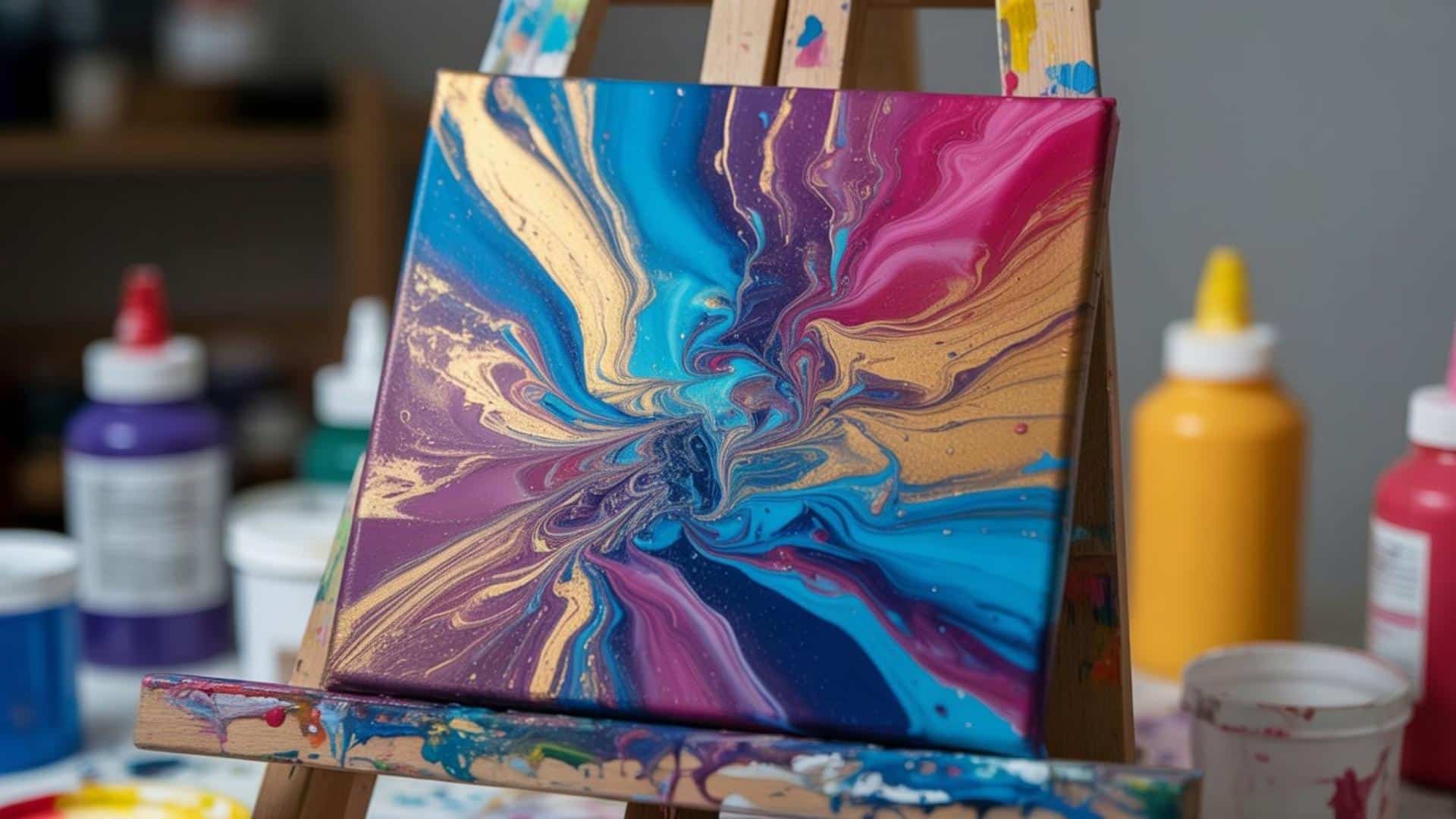 Vibrant, swirling paint pour abstract art on canvas