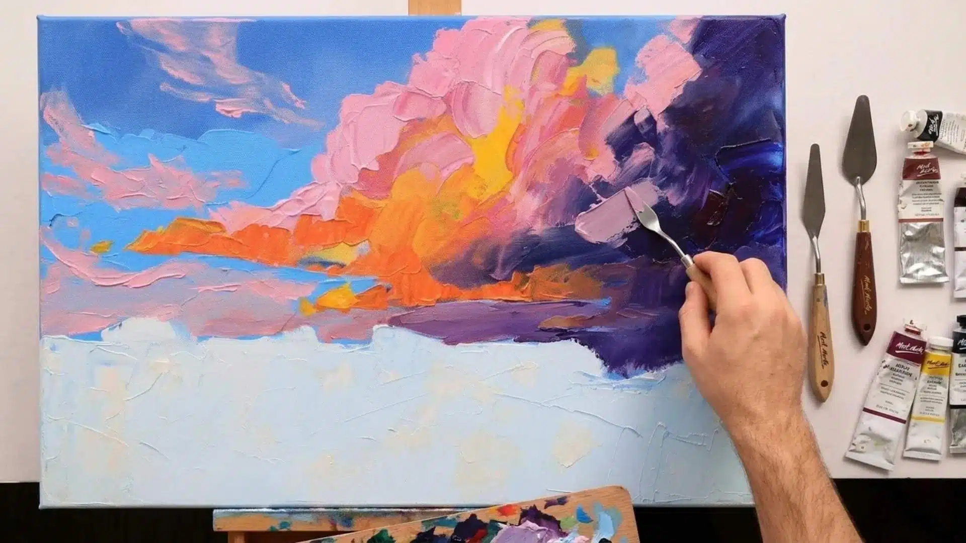 Palette knife painting in progress with vibrant colors.