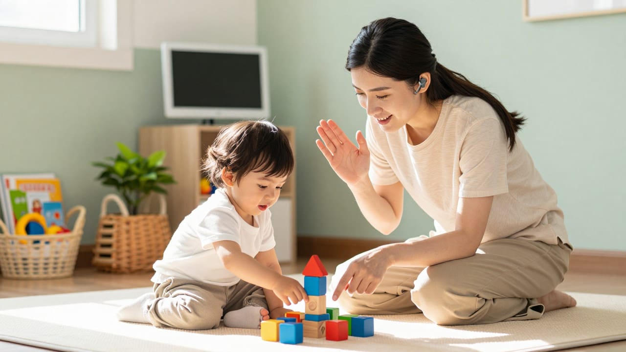 Parent and young child building with wooden blocks while the therapist coaches through an earpiece during a PCIT session.
