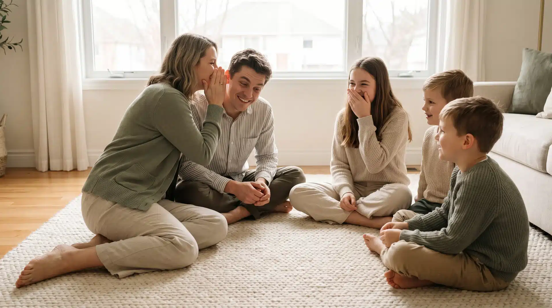 Family playing the telephone game by whispering messages around a circle during a family therapy communication activity.
