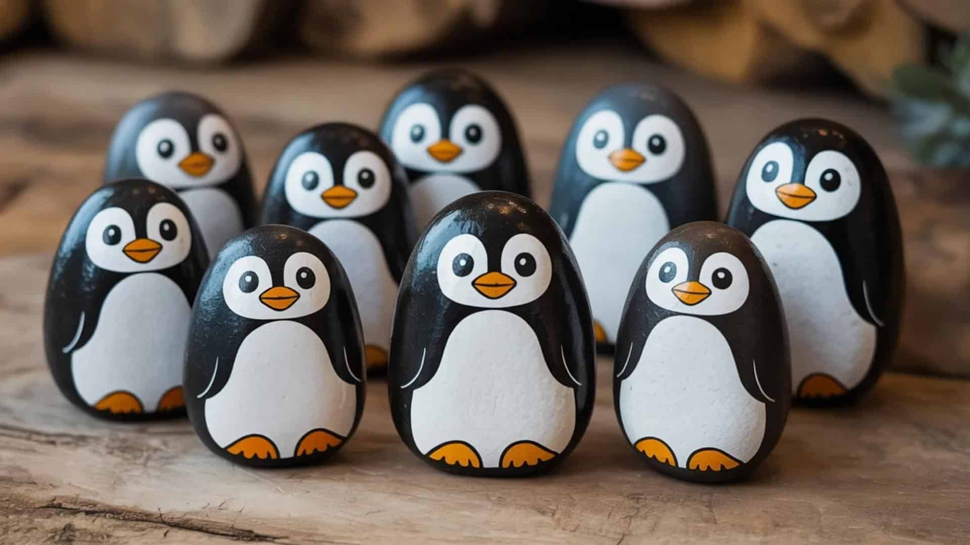 Penguin painted rocks with simple black and white winter-themed designs