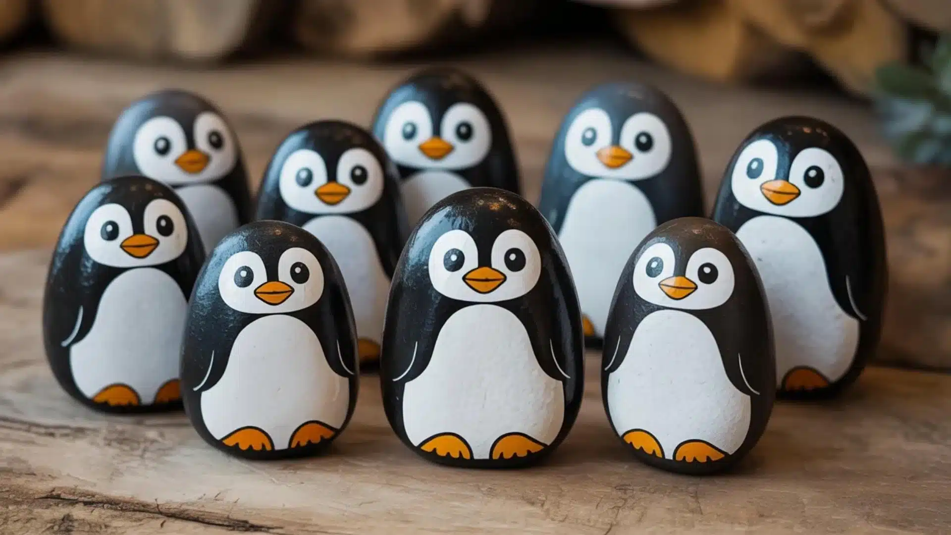 Penguin painted rocks with simple black and white winter-themed designs