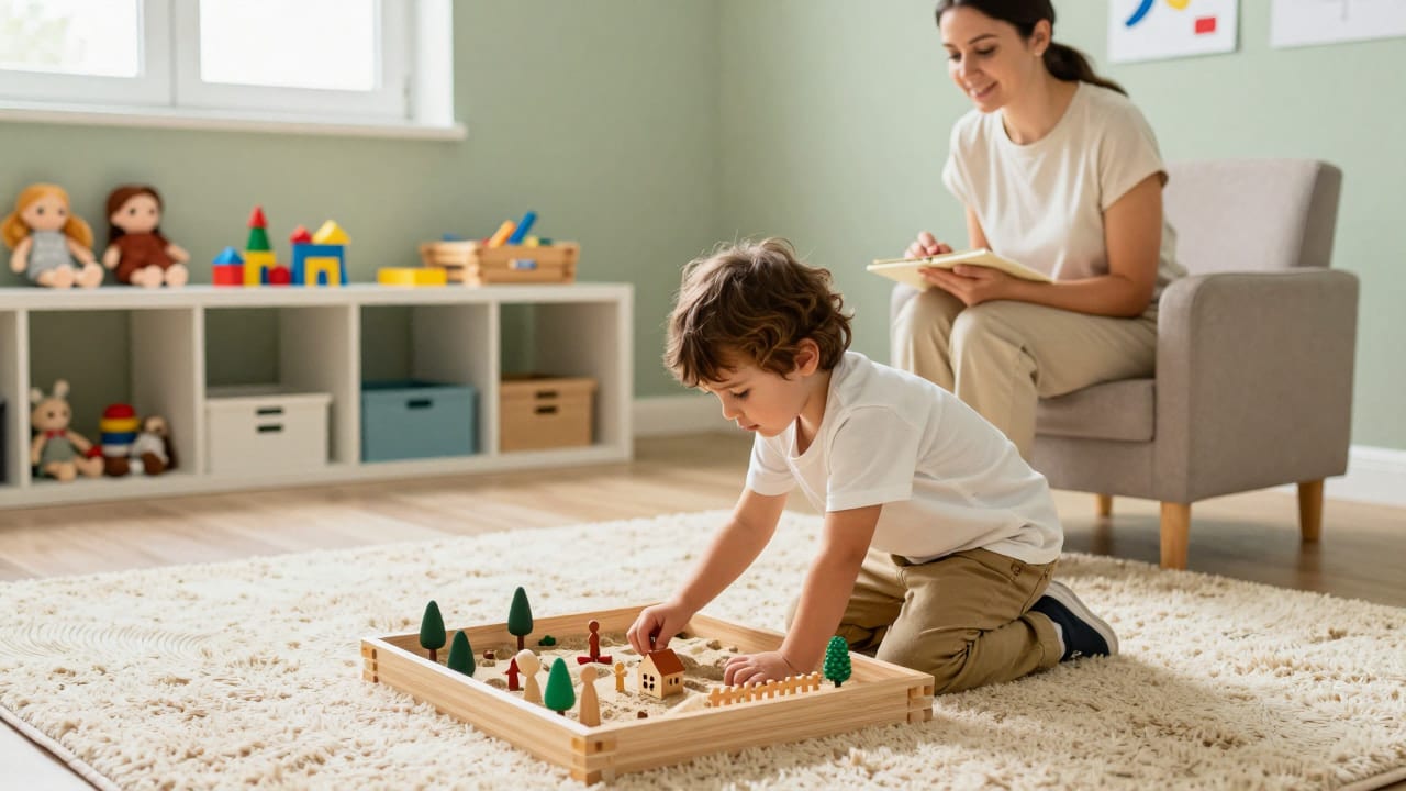 A young child is playing with a sand tray and miniature figures while a therapist watches during a play therapy session.
