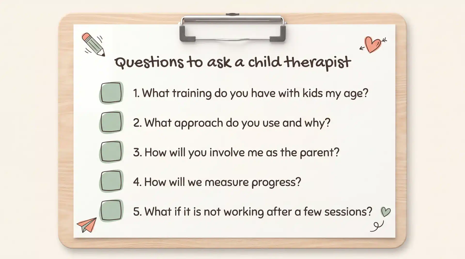 Checklist graphic showing five important questions parents should ask before choosing a child behavioral therapist.