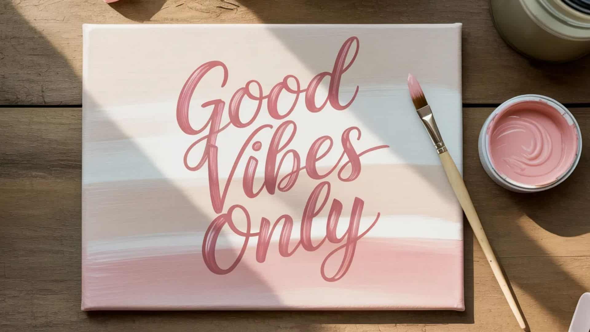 A minimalist painting of the phrase “Good Vibes Only” in soft pink, with a paintbrush beside it.